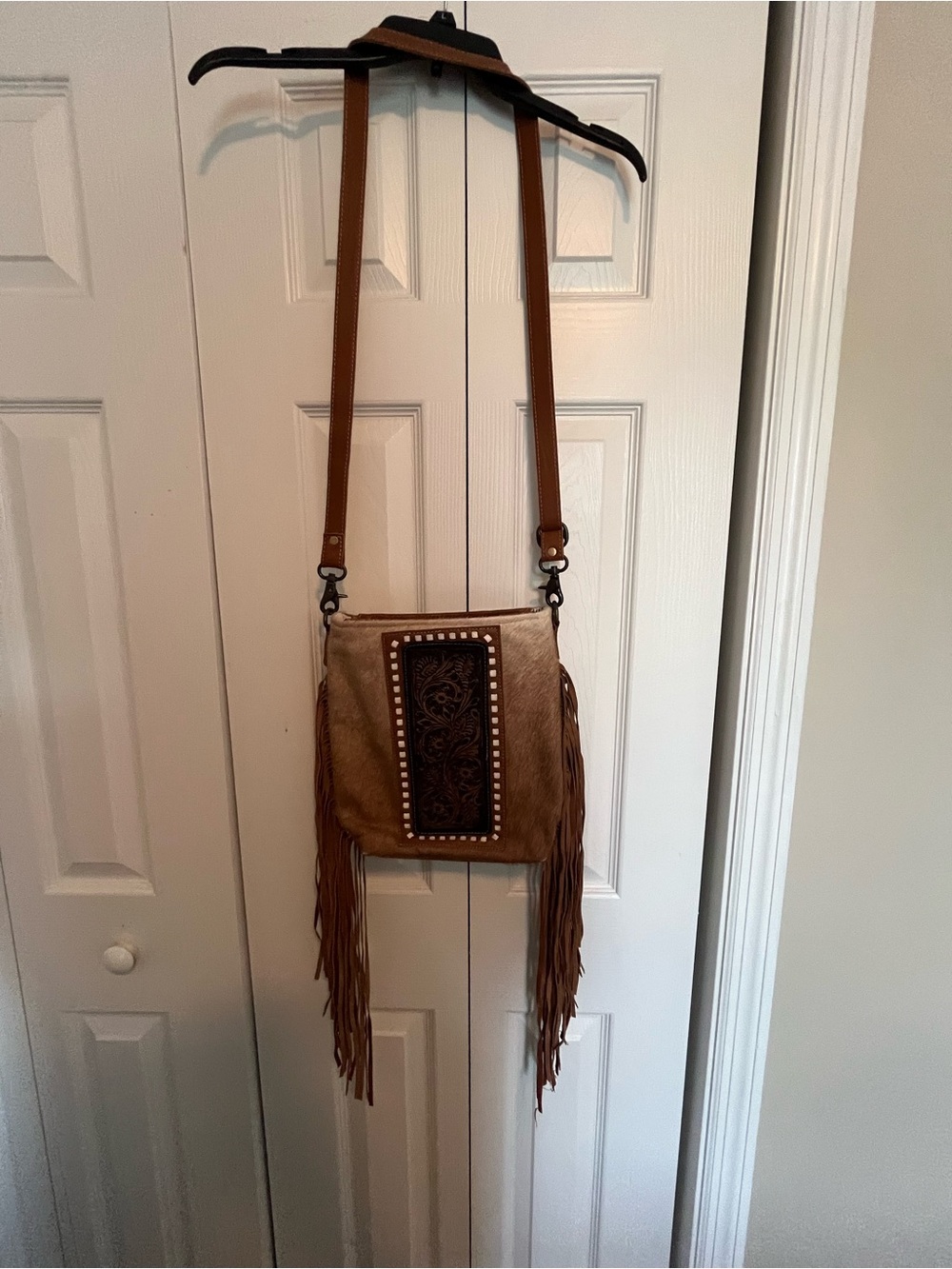 Myra Bag Brown Hair-on-Hide Crossbody with Tooled Leather Panel and Fringe - Picture 3 of 12
